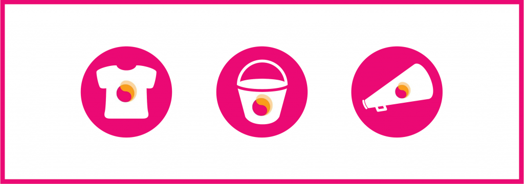 Graphic on a white background with three pink circles in the centre. One circle with a t-shirt outline and a Mental Health Reform icon, one with a bucket outline and a Mental Health Reform icon, and one with a speaker outline and a Mental Health Reform icon. A pink boarder lines the image.