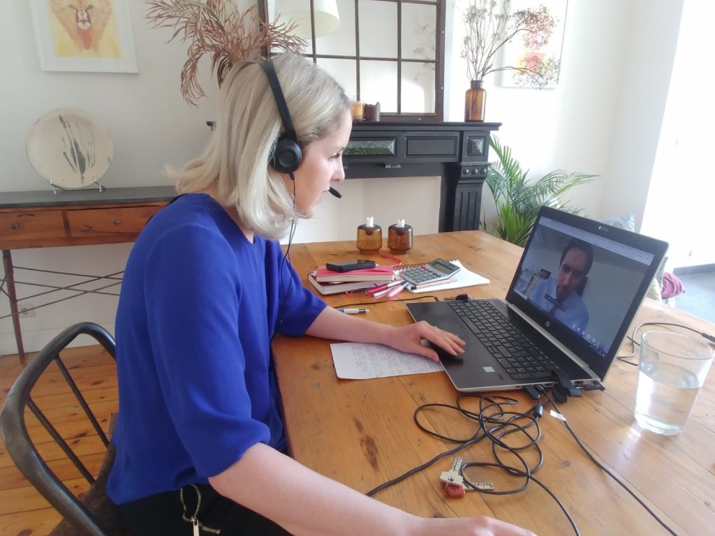 Photo of Fiona Coyle and Minister Simon Harris via videocall in May 2020